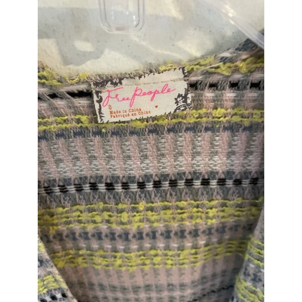 Free People Striped Ruana Poncho Fringe Open Front Gray Pink Yellow OS Boho